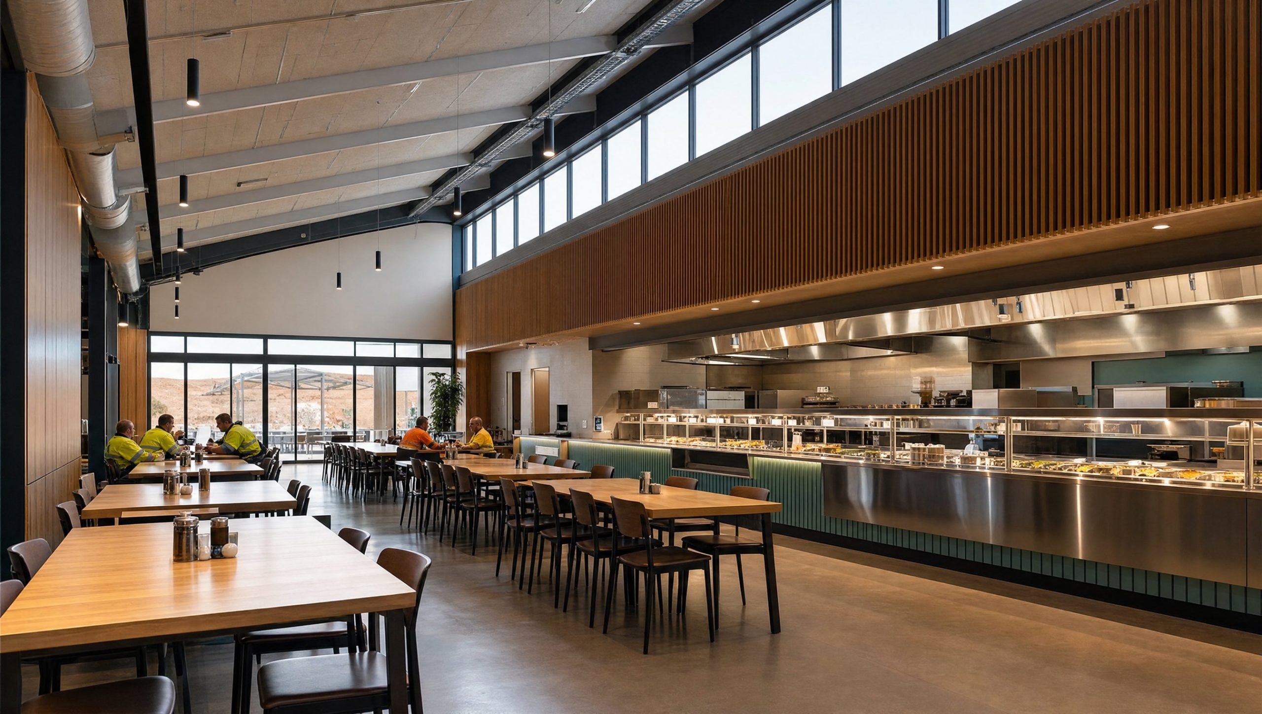 Concept visualisation of a modern mine site dry mess dining hall with central servery
